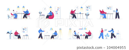Bundle of coworking office scenes. Employees working and communicating at coworking open space area flat vector illustration. Bundle of freelancers community with people characters in situations. 104004955