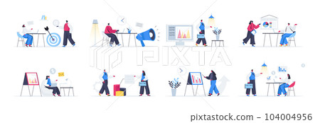 Bundle of marketing agency scenes. Marketing research and presentation, data analysis and interpretation flat vector illustration. Bundle of marketing management with people characters in situations. 104004956