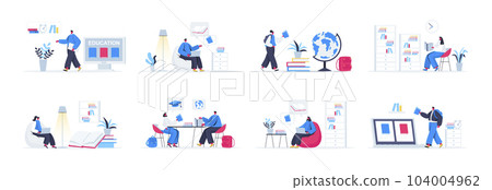 Bundle of education scenes. Distance learning program in university, students studying in library and at home flat vector illustration. Bundle of formal education with people characters in situations. 104004962