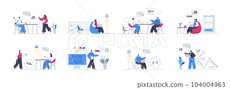 Bundle of programming scenes. Frontend and backend developers working in office, software design and coding flat vector illustration. Bundle of programming skills with people characters in situations. 104004963