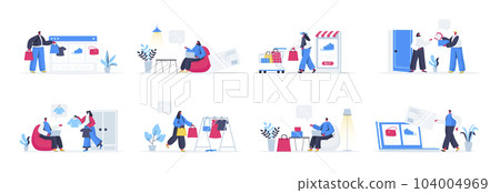 Bundle of shoppers scenes. Shopper carry shopping bags, online order and purchase delivery at home, internet commerce flat vector illustration. Bundle of shopping people characters in situations. 104004969