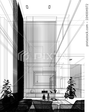 cozy  living room  interior design, 3d rendering wire frame 104004972