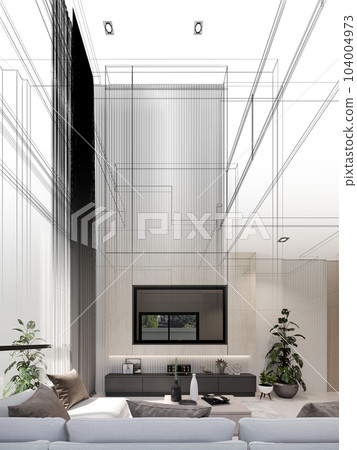 cozy living room interior design, 3d rendering wire frame cozy living room interior design, 3d rendering wire frame 104004973