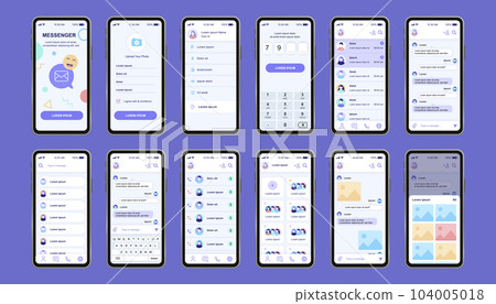 Online messenger unique design kit for app. Social network screens with user menu and profile, contacts, chat with keyboard. Mobile messenger UI, UX template set. GUI for responsive mobile application Online messenger unique design kit for app. Social network screens with user menu and profile, contacts, chat with keyboard. Mobile messenger UI, UX template set. GUI for responsive mobile application 104005018