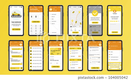 Taxi service unique design kit for mobile app. Online taxi booking screens with route, chat, rating and taxi fare. Transportation service UI, UX template set. GUI for responsive mobile application. 104005042
