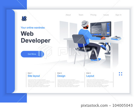 Web development isometric landing page. Web designer working with computer in office situation. UI, UX responsive interface design, website prototyping and programming perspective flat design. 104005043