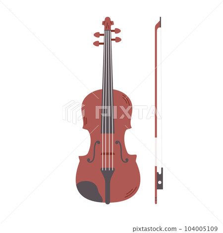 Violin with bow isolated on white background. Classical stringed musical instrument. Vector flat illustration. 104005109