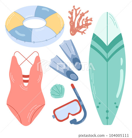Set elements for active sea vacation. Swimming on a circle, on a surfboard, diving. Colored vector elements isolated on white background. Set elements for active sea vacation. Swimming on a circle, on a surfboard, diving. Colored vector elements isolated on white background. 104005111