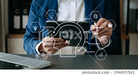 Man using chatbot in computer and tablet  smart intelligence Ai.Chat with AI Artificial Intelligence, developed by OpenAI generate. Futuristic technology, robot in online system. 104005561