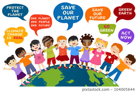 Isolated children of different culture and multiethnic people embracing each other on the globe. Speech bubble with messages for an eco environment and a green and sustainable future. Save our planet Isolated children of different culture and multiethnic people embracing each other on the globe. Speech bubble with messages for an eco environment and a green and sustainable future. Save our planet 104005644