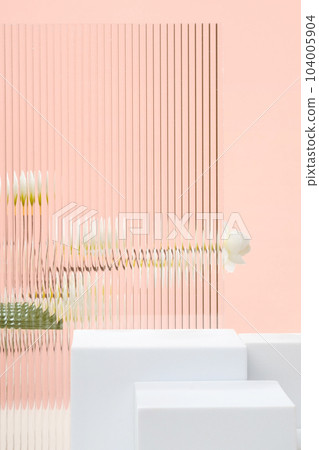 White block pedestal product display peach background with modern Transparency strip glass and flower with sunshine light White block pedestal product display peach background with modern Transparency strip glass and flower with sunshine light 104005904