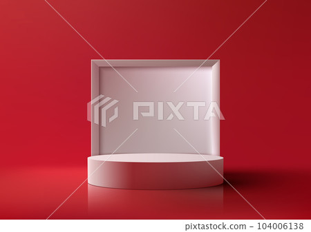 3D realistic empty white podium pedestal stand with square box backdrop on red background 3D realistic empty white podium pedestal stand with square box backdrop on red background 104006138