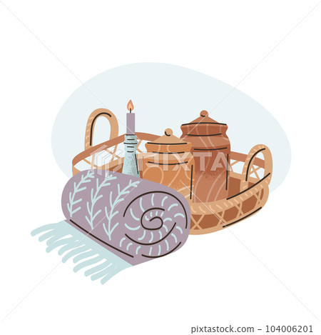 Flat hand drawn vector illustration of wooden jars, wicker tray, candle holder and plaid. Scandinavian style in the interior. Cozy hygge atmosphere at home. Home decor. Flat hand drawn vector illustration of wooden jars, wicker tray, candle holder and plaid. Scandinavian style in the interior. Cozy hygge atmosphere at home. Home decor. 104006201