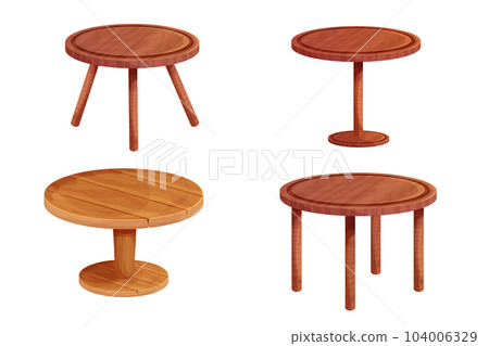 Wooden table round desk tectured in comic cartoon style isolated on white background. Rustic furniture with legs. 104006329