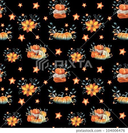 Autumn seamless pattern on a black background included flowers ,branches stars and pumpkin.This pattern perfect for wallpapers,cover design,print trextile, paper 104006476
