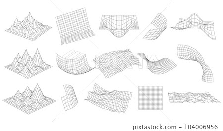 3D Glitch rectangle plane set. Distorted perspective grid collection. Abstract Wavy futuristic design elements. Ripple wireframes net. Vector geometric line mesh, square structure grid 104006956