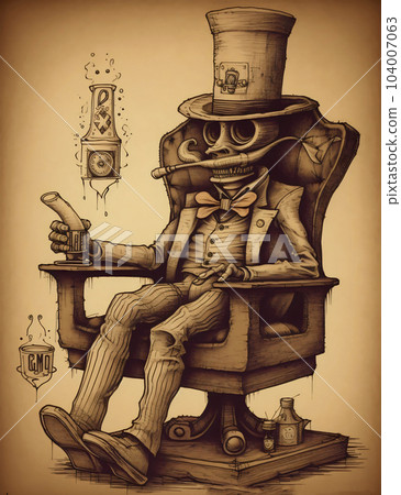 Surreal drawing of a man sitting in a chair with a glass eye and a top hat with a luxurious mustache on a yellow background. AI generated, AI generative, AI generativ. 104007063