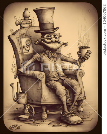 Surreal drawing of a man sitting in a chair with a glass eye and a top hat with a luxurious mustache on a yellow background. AI generated, AI generative, AI generativ. Surreal drawing of a man sitting in a chair with a glass eye and a top hat with a luxurious mustache on a yellow background. AI generated, AI generative, AI generativ. 104007068