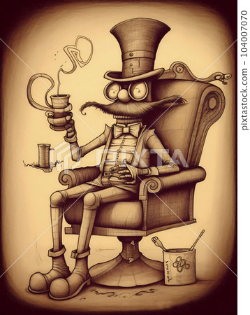 Surreal drawing of a man sitting in a chair with a glass eye and a top hat with a luxurious mustache on a yellow background. AI generated, AI generative, AI generativ. 104007070