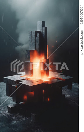 A group of cubes sitting on top of a table an nuclear art casting a flame spell. AI generated, AI generative, AI generativ. 104007094