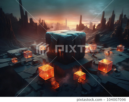 A group of cubes sitting on top of a table an nuclear art casting a flame spell. AI generated, AI generative, AI generativ. 104007096