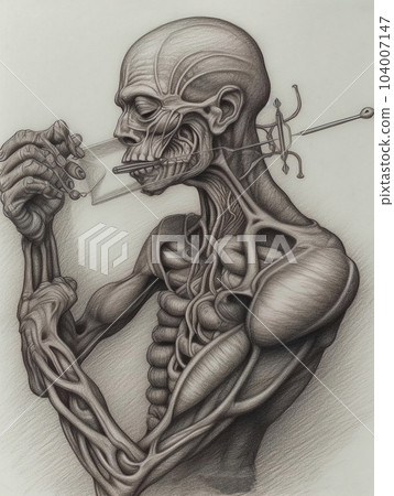 Pencil surreal drawing of a man with a futuristic fork. AI generated, AI generative, AI generativ. 104007147