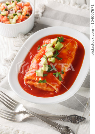 Wet Burrito stuffed with shredded meat, beans, rice and cheese, smothered in red enchilada sauce closeup on the plate. Vertical 104007671