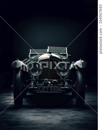 A green car sitting on top of a black floor a portrait photorealism speedster. AI generated, AI generative, AI generativ. 104007693