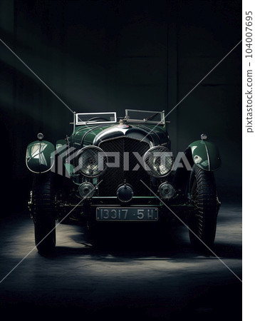 A green car sitting on top of a black floor a portrait photorealism speedster. AI generated, AI generative, AI generativ. 104007695