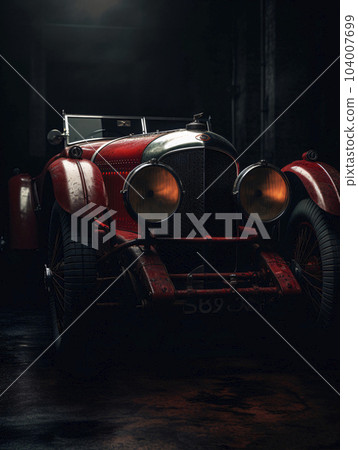 Red car on a black floor photorealism very round headlights. AI generated, AI generative, AI generativ. 104007699