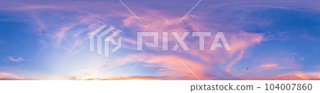 Sunset sky panorama with bright glowing pink Cirrus clouds. HDR 360 seamless spherical panorama. Full zenith or sky dome for 3D visualization, sky replacement for aerial drone panoramas. Sunset sky panorama with bright glowing pink Cirrus clouds. HDR 360 seamless spherical panorama. Full zenith or sky dome for 3D visualization, sky replacement for aerial drone panoramas. 104007860