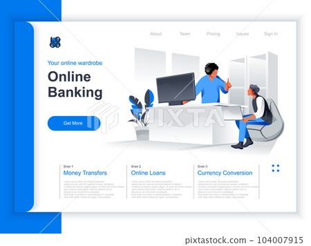 Online banking isometric landing page. Business people use computers, manager advising client in bank office situation. Online deposit account, payment and money transaction perspective flat design. 104007915
