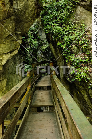 Mossy wooden footbridge over the Seisenbergklamm gorge in Weissbach near Lofer, Austria Mossy wooden footbridge over the Seisenbergklamm gorge in Weissbach near Lofer, Austria 104008399