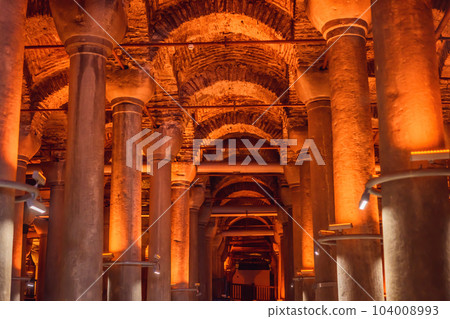Beautiful cistern in Istanbul. Cistern - underground water reservoir build in 6th century, Istanbul, Turkey, Turkiye Beautiful cistern in Istanbul. Cistern - underground water reservoir build in 6th century, Istanbul, Turkey, Turkiye 104008993