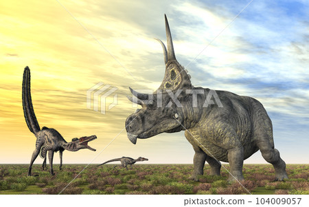 Velociraptor and Diabloceratops at sunset 104009057