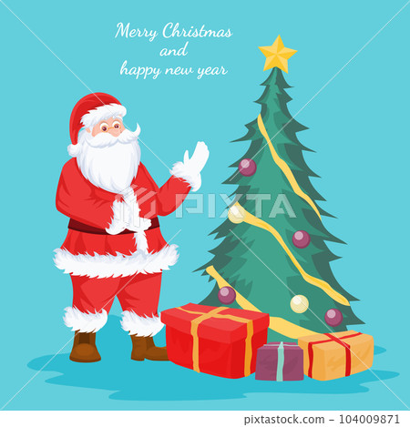 Christmas card of Santa Claus and Christmas tree with gift boxes 104009871
