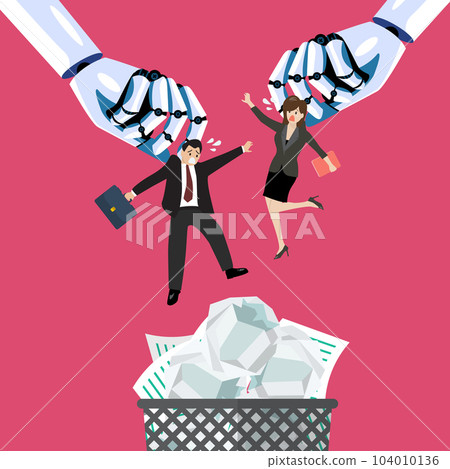 Robot throwing man and woman in a trash can Robot throwing man and woman in a trash can 104010136