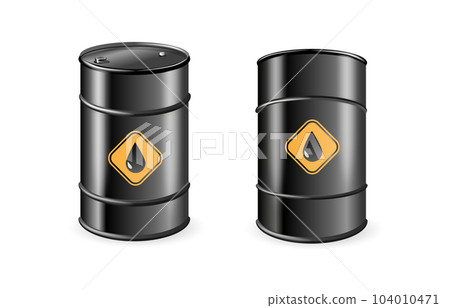 Black barrels for cruel oil or petroleum. Design Template of Packaging for Mockup. Vector Black barrels for cruel oil or petroleum. Design Template of Packaging for Mockup. Vector 104010471