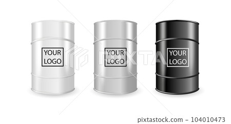 Realistic White, Steel and Black Metal Oil, Fuel, Gasoline Barrel Set Isolated. Design Template of Packaging for Mockup. Vector 104010473
