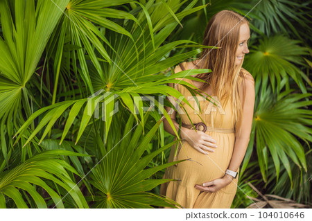 Pregnant woman walks in park at evening. Family enjoying pregnancy. The concept of Mother's Day and Women's Day Pregnant woman walks in park at evening. Family enjoying pregnancy. The concept of Mother's Day and Women's Day 104010646