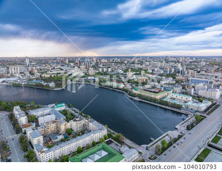 Embankment of the central pond and Plotinka. The historic center of the city of Yekaterinburg, Russia, Aerial View Embankment of the central pond and Plotinka. The historic center of the city of Yekaterinburg, Russia, Aerial View 104010793