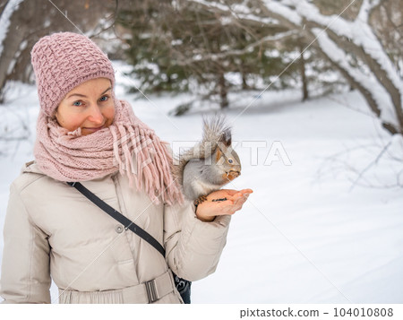 Girl feeds a squirrel with nuts at winter. Caring for animals in winter or autumn. Girl feeds a squirrel with nuts at winter. Caring for animals in winter or autumn. 104010808