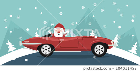 Christmas card design of Santa Claus in a classic car in a winter landscape 104011452