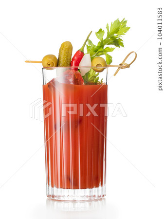 Cocktail mix with vodka and tomato juice bloody mary with celery,olive,pickle and onion Cocktail mix with vodka and tomato juice bloody mary with celery,olive,pickle and onion 104011583