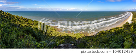 Panoramic image of the beaches of Pe de Serra and Sargi surrounded by coconut trees Panoramic image of the beaches of Pe de Serra and Sargi surrounded by coconut trees 104012459