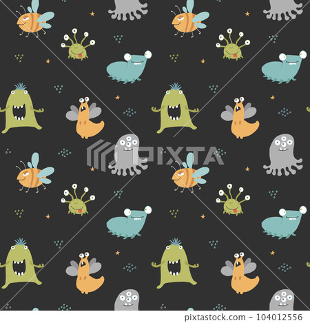 Cute monsters seamless pattern. Cartoon monsters background. Vector illustration 104012556