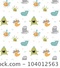 Cute monsters seamless pattern. Cartoon monsters background. Vector illustration 104012563