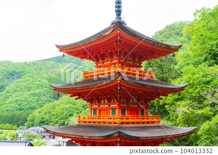 Mimasaka City, Okayama Prefecture Three-storied pagoda of Chofuku-ji Temple during the fresh green season 104013332