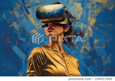 Modern woman in golden futuristic costume in virtual reality glasses on blue and golden background AI 104013900