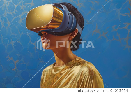 Modern woman in golden futuristic costume in virtual reality glasses on blue and golden background AI Modern woman in golden futuristic costume in virtual reality glasses on blue and golden background AI 104013934